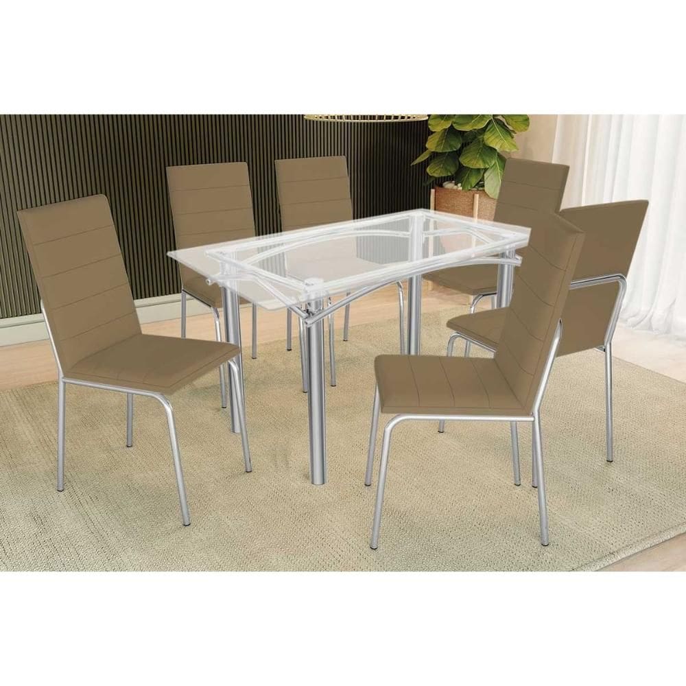 Conjunto: Mesa Sala Jantar Elba c/ Tampo de Vidro 150cm e 6 Cadeiras Amsterdã Cromada - Courano Capuccino - Kappesberg