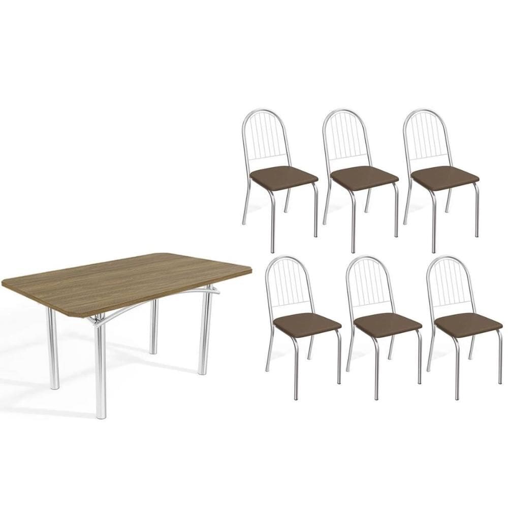 Conjunto: Mesa de Cozinha Elba c/ Tampo de Madeira 160cm e 6 Cadeiras Noruega Cromada/Nogueira - Courano Marrom - Kappesberg