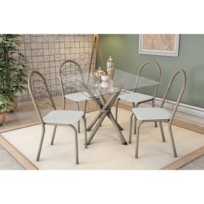 Conjunto: Mesa Sala Jantar Volga c/ Tampo de Vidro 90cm e 4 Cadeiras Holanda Niquel - Courano Branco - Kappesberg
