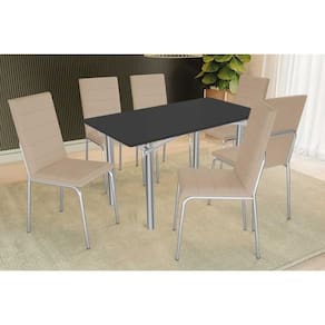 Conjunto: Mesa de Cozinha Elba Tampo Madeirado c/ Vidro 160cm e 6 Cadeiras Amsterdã Cromada/Preto - Courano Bege - Kappesberg