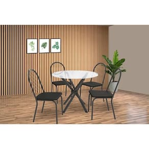 Conjunto: Mesa Sala Jantar Volga c/ Tampo de Vidro 95cm e 4 Cadeiras Noruega Preto - Preto - Kappesberg