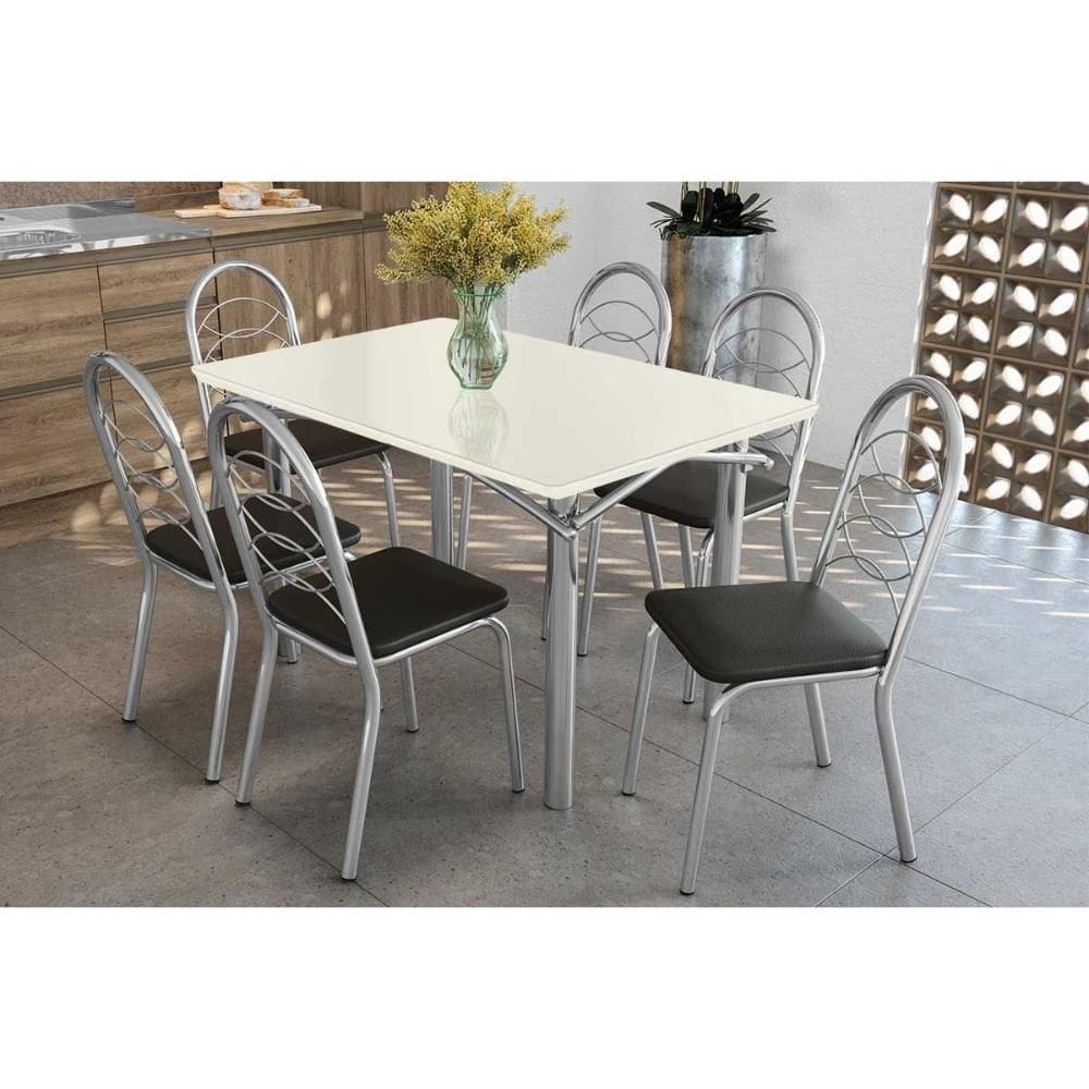 Conjunto: Mesa Sala Jantar Elba Tampo Madeirado c/ Vidro 120cm e 6 Cadeiras Holanda Cromada/Off White - Courano Preto - Kappesberg