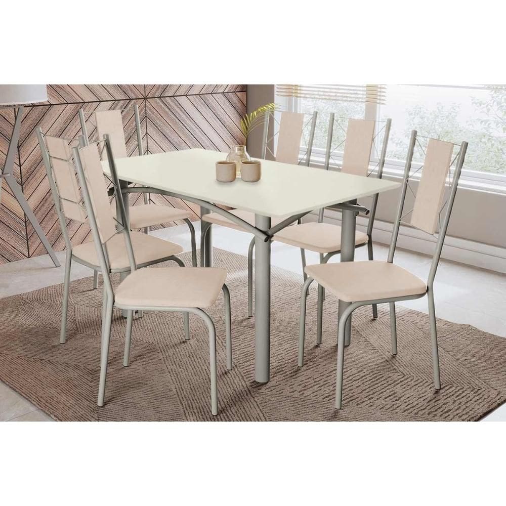 Conjunto: Mesa Sala Jantar Elba Tampo Madeirado c/ Vidro 160cm e 6 Cadeiras Lisboa Niquel/Off White - Courano Bege - Kappesberg