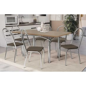 Conjunto: Mesa Sala Jantar Elba Tampo Madeirado c/ Vidro 160cm e 6 Cadeiras Holanda Cromada/Freijo Bronze - Courano Marrom - Kappesberg