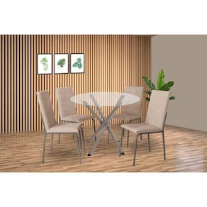Conjunto: Mesa de Cozinha Volga c/ Tampo de Vidro 95cm e 4 Cadeiras Amsterdã Niquel - Courano Bege - Kappesberg