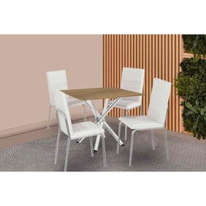 Conjunto: Mesa Sala Jantar Volga c/ Tampo de Madeira 90cm e 4 Cadeiras Amsterdã Cromado/Nogueira - Branco - Kappesberg