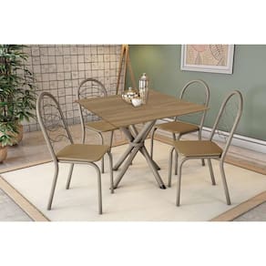 Conjunto: Mesa de Cozinha Volga c/ Tampo de Madeira 90cm e 4 Cadeiras Holanda Niquel/Nogueira - Courano Capuccino - Kappesberg