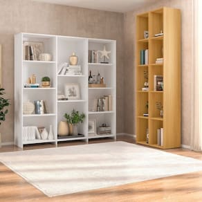Kit com 1 Estante Livreiro 11 Nichos Odelia e 2 Estantes Modulares 5 Nichos Liverpool Branco/Freijó