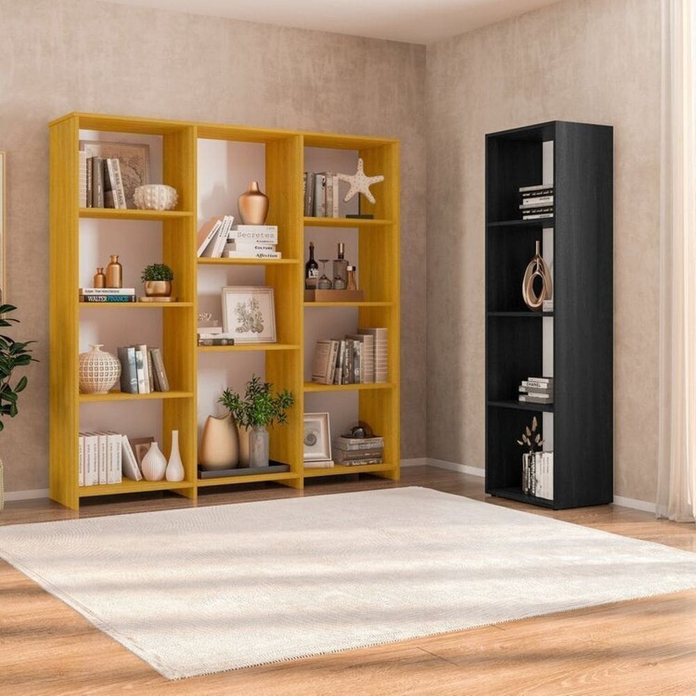 Kit com 1 Estante Livreiro 11 Nichos Odelia e 1 Estante Modular 4 Nichos Calum Freijó/Preto