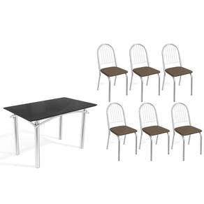 Conjunto: Mesa de Cozinha Elba Tampo Madeirado c/ Vidro 120cm e 6 Cadeiras Noruega Cromada/Preto - Courano Marrom - Kappesberg