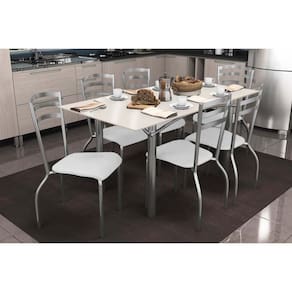 Conjunto: Mesa Sala Jantar Elba Tampo Madeirado c/ Vidro 160cm e 6 Cadeiras Portugal Cromada/Off White - Courano Branco - Kappesberg