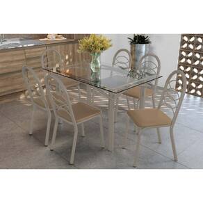 Conjunto: Mesa de Cozinha Elba c/ Tampo de Vidro 140cm e 6 Cadeiras Holanda Niquel - Courano Capuccino - Kappesberg