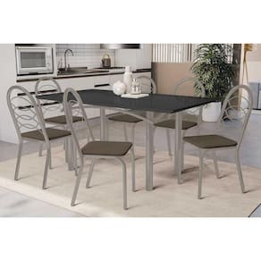 Conjunto: Mesa Sala Jantar Elba Tampo Madeirado c/ Vidro 160cm e 6 Cadeiras Holanda Niquel/Preto - Courano Marrom - Kappesberg