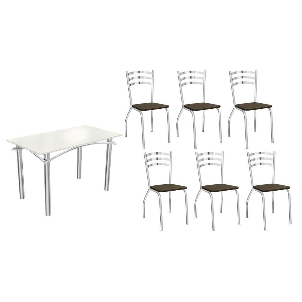 Conjunto: Mesa Sala Jantar Elba Tampo Madeirado c/ Vidro 120cm e 6 Cadeiras Portugal Cromada/Off White - Courano Marrom - Kappesberg