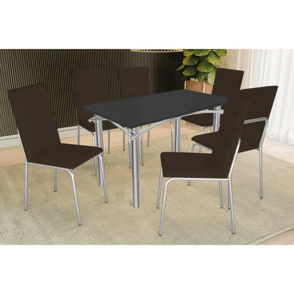 Conjunto: Mesa Sala Jantar Elba Tampo Madeirado c/ Vidro 120cm e 6 Cadeiras Amsterdã Cromada/Preto - Courano Marrom - Kappesberg