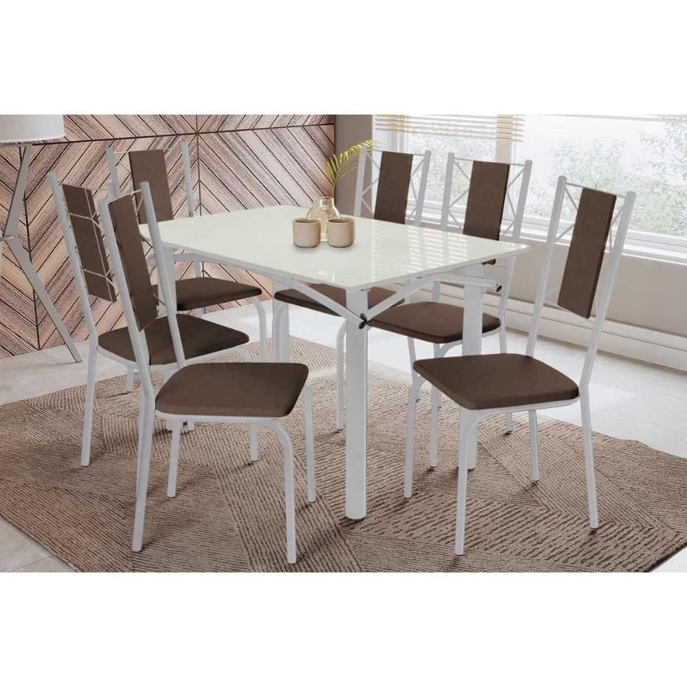 Conjunto: Mesa Sala Jantar Elba Tampo Madeirado c/ Vidro 120cm e 6 Cadeiras Lisboa Cromada/Off White - Courano Marrom - Kappesberg