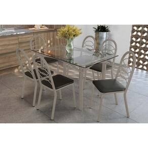 Conjunto: Mesa Sala Jantar Elba c/ Tampo de Vidro 140cm e 6 Cadeiras Holanda Niquel - Courano Preto - Kappesberg