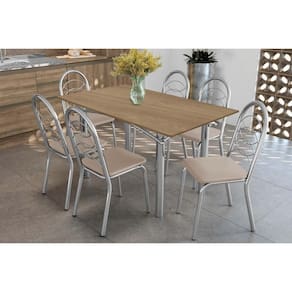 Conjunto: Mesa Sala Jantar Elba c/ Tampo de Madeira 160cm e 6 Cadeiras Holanda Cromada/Nogueira - Courano Bege - Kappesberg