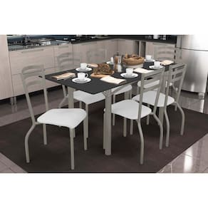 Conjunto: Mesa de Cozinha Elba Tampo Madeirado c/ Vidro 160cm e 6 Cadeiras Portugal Niquel/Preto - Courano Branco - Kappesberg