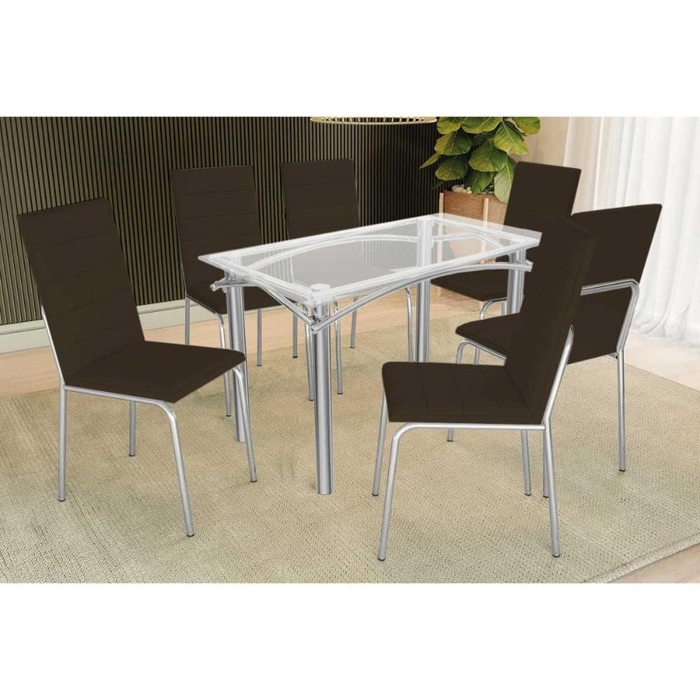 Conjunto: Mesa Sala Jantar Elba c/ Tampo de Vidro 120cm e 6 Cadeiras Amsterdã Cromada - Courano Marrom - Kappesberg