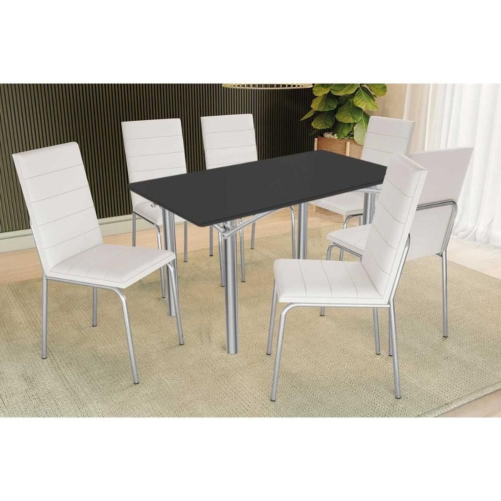 Conjunto: Mesa de Cozinha Elba Tampo Madeirado c/ Vidro 160cm e 6 Cadeiras Amsterdã Cromada/Preto - Courano Branco - Kappesberg