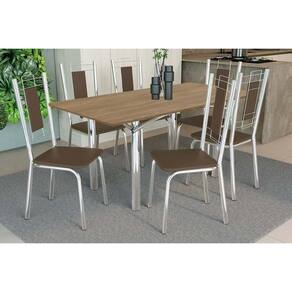Conjunto: Mesa de Cozinha Elba c/ Tampo de Madeira 160cm e 6 Cadeiras Florença Cromada/Nogueira - Courano Marrom - Kappesberg