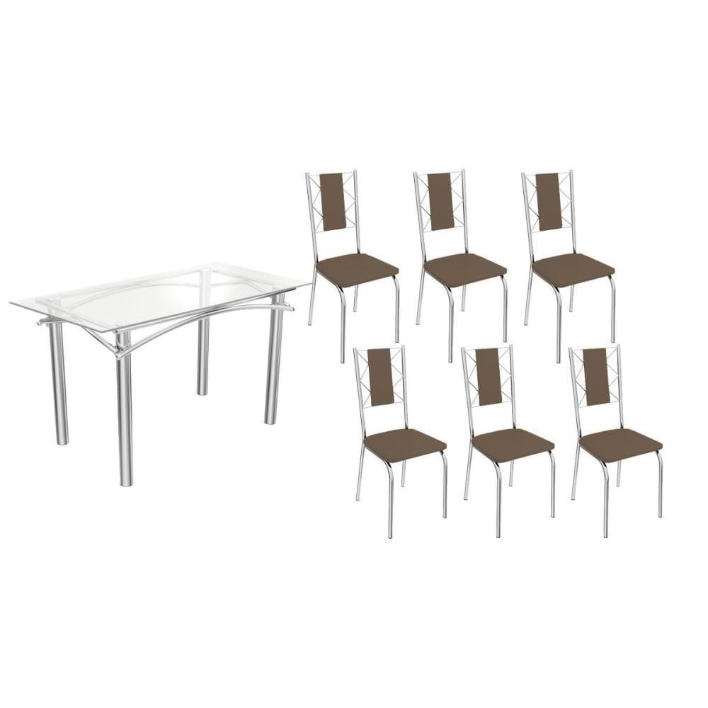 Sala de Jantar Completa Elba c/ Tampo de Vidro 150cm e 6 Cadeiras Lisboa Cromada - Courano Marrom - Kappesberg