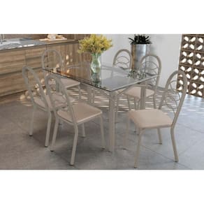 Conjunto: Mesa Sala Jantar Elba c/ Tampo de Vidro 120cm e 6 Cadeiras Holanda Niquel - Courano Bege - Kappesberg