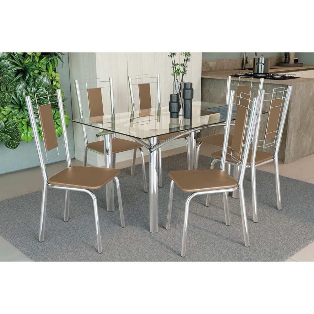 Conjunto: Mesa de Cozinha Elba c/ Tampo de Vidro 140cm e 6 Cadeiras Florença Cromada - Courano Capuccino - Kappesberg