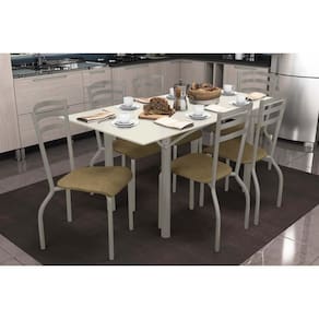 Conjunto: Mesa Sala Jantar Elba Tampo Madeirado c/ Vidro 160cm e 6 Cadeiras Portugal Niquel/Off White - Courano Capuccino - Kappesberg