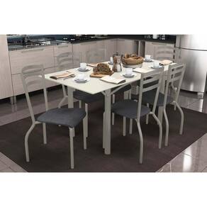 Conjunto: Mesa Sala Jantar Elba Tampo Madeirado c/ Vidro 160cm e 6 Cadeiras Portugal Niquel/Off White - Courano Preto - Kappesberg