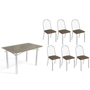 Conjunto: Mesa Sala Jantar Elba Tampo Madeirado c/ Vidro 120cm e 6 Cadeiras Noruega Cromada/Freijo Bronze - Courano Marrom - Kappesberg