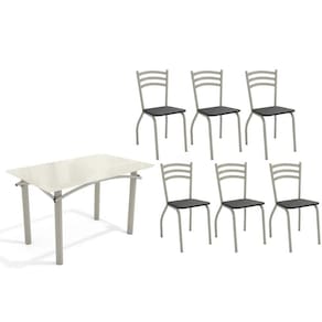 Conjunto: Mesa de Cozinha Elba Tampo Madeirado c/ Vidro 120cm e 6 Cadeiras Portugal Niquel/Off White - Courano Preto - Kappesberg