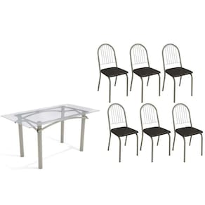 Conjunto: Mesa Sala Jantar Elba c/ Tampo de Vidro 150cm e 6 Cadeiras Noruega Niquel - Courano Preto - Kappesberg