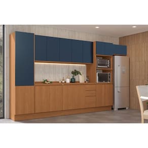 Cozinha Modulada Completa Ciela 9 Peças (3Aéreos+2Balcões+1Paneleiro+1TorreQuente+2Complementos) C9P64 Canela/Azul Profundo - Kappesberg