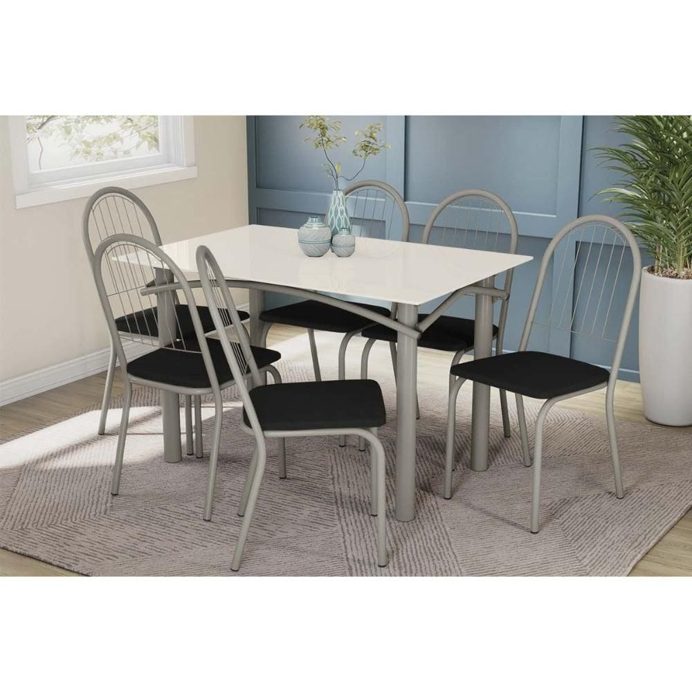 Conjunto: Mesa de Cozinha Elba Tampo Madeirado c/ Vidro 120cm e 6 Cadeiras Noruega Niquel/Off White - Courano Preto - Kappesberg