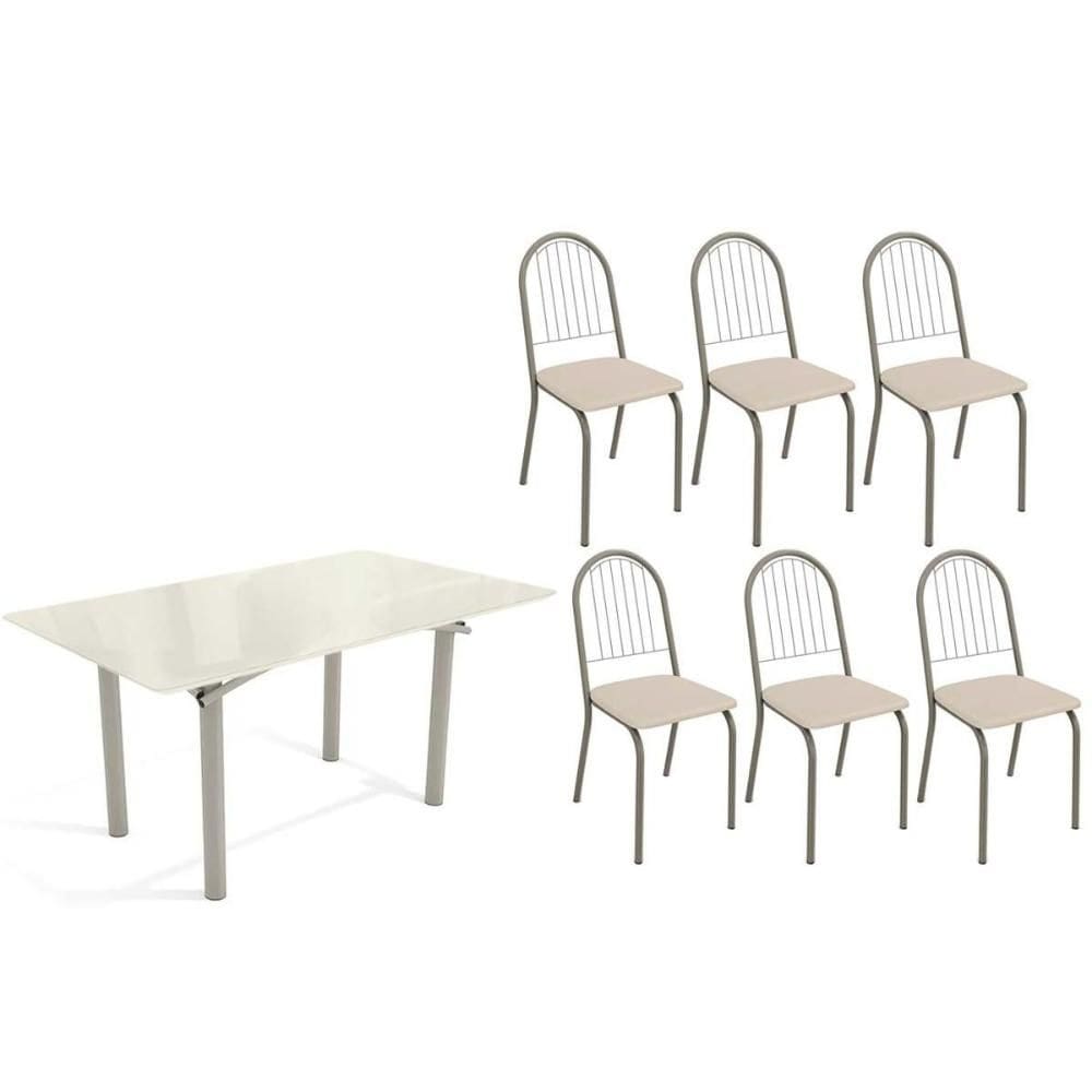 Conjunto: Mesa Sala Jantar Elba Tampo Madeirado c/ Vidro 160cm e 6 Cadeiras Noruega Niquel/Off White - Courano Bege - Kappesberg