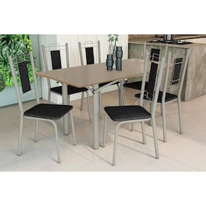 Conjunto: Mesa de Cozinha Elba Tampo Madeirado c/ Vidro 160cm e 6 Cadeiras Florença Niquel/Freijo Bronze - Courano Preto - Kappesberg