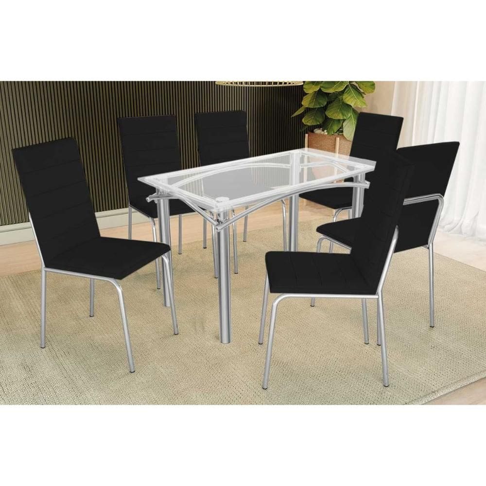 Conjunto: Mesa de Cozinha Elba c/ Tampo de Vidro 120cm e 6 Cadeiras Amsterdã Cromada - Courano Preto - Kappesberg