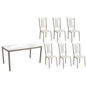 Conjunto: Mesa de Cozinha Reno c/ Tampo de Vidro 150cm e 4 Cadeiras Florença Niquel - Courano Branco - Kappesberg
