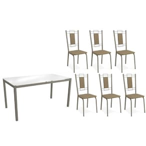 Conjunto: Mesa de Cozinha Reno c/ Tampo de Vidro 150cm e 4 Cadeiras Florença Niquel - Courano Capuccino - Kappesberg