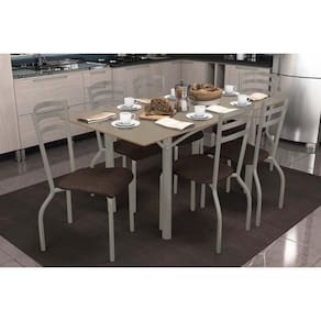Conjunto: Mesa Sala Jantar Elba Tampo Madeirado c/ Vidro 160cm e 6 Cadeiras Portugal Niquel/Freijo Bronze - Courano Marrom - Kappesberg