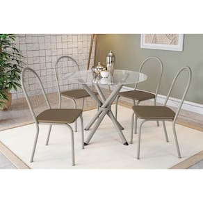 Conjunto: Mesa Sala Jantar Volga c/ Tampo de Vidro 95cm e 4 Cadeiras Noruega Niquel - Courano Capuccino - Kappesberg