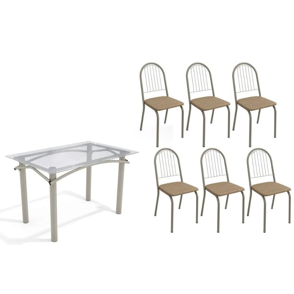 Conjunto: Mesa de Cozinha Elba c/ Tampo de Vidro 120cm e 6 Cadeiras Noruega Niquel - Courano Capuccino - Kappesberg