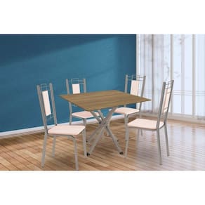 Conjunto: Mesa de Cozinha Volga c/ Tampo de Madeira 90cm e 4 Cadeiras Florença Niquel/Nogueira - Bege - Kappesberg