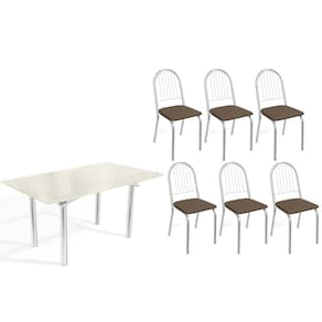 Conjunto: Mesa Sala Jantar Elba Tampo Madeirado c/ Vidro 160cm e 6 Cadeiras Noruega Cromada/Off White - Courano Marrom - Kappesberg