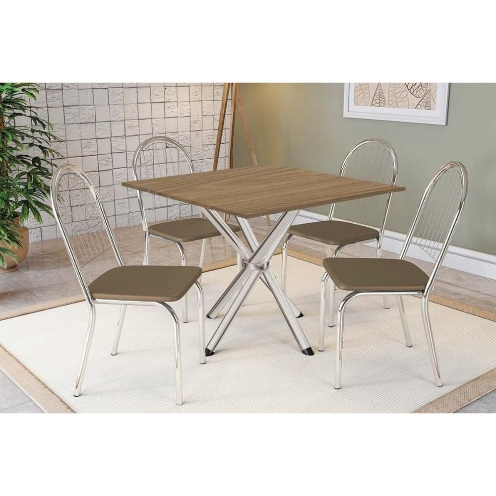 Conjunto: Mesa de Cozinha Volga c/ Tampo de Madeira 90cm e 4 Cadeiras Noruega Cromado/Nogueira - Capuccino - Kappesberg