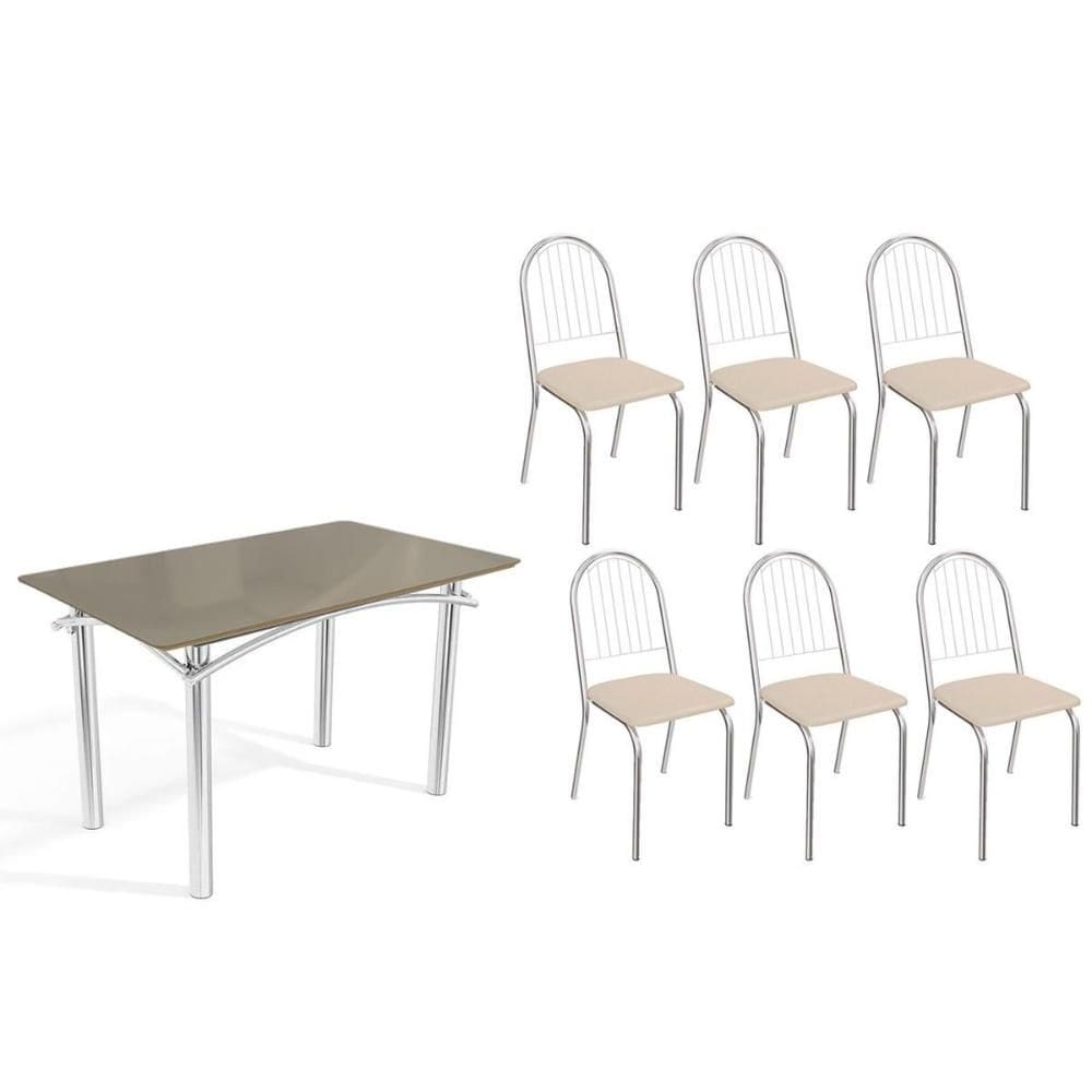 Conjunto: Mesa de Cozinha Elba Tampo Madeirado c/ Vidro 120cm e 6 Cadeiras Noruega Cromada/Freijo Bronze - Courano Bege - Kappesberg