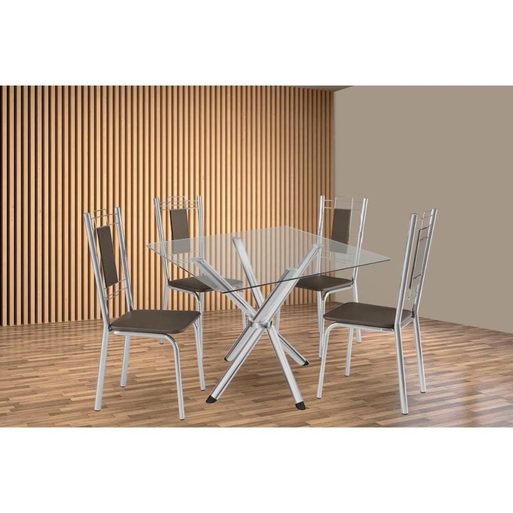 Sala de Jantar Completa Volga c/ Tampo de Vidro 90cm e 4 Cadeiras Florença Cromada - Courano Marrom - Kappesberg
