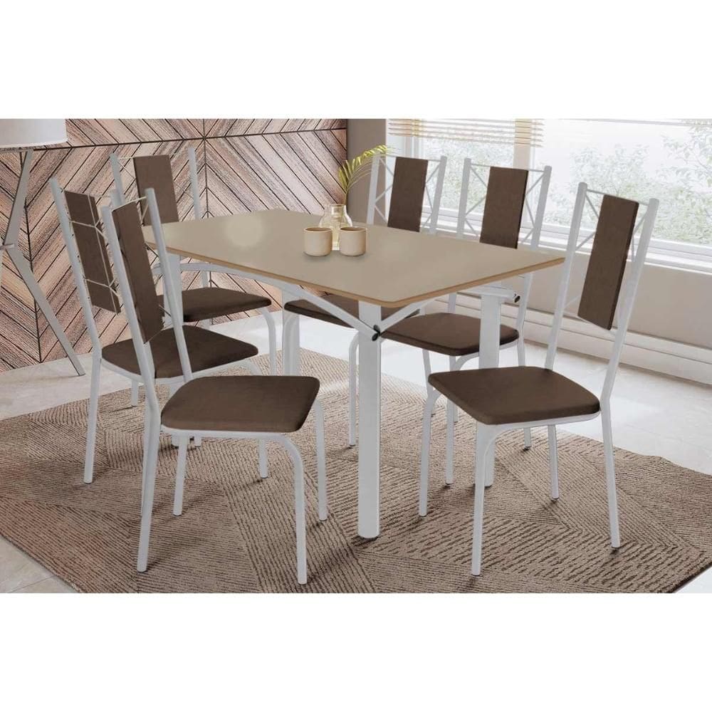 Conjunto: Mesa Sala Jantar Elba Tampo Madeirado c/ Vidro 160cm e 6 Cadeiras Lisboa Cromada/Freijo Bronze - Courano Marrom - Kappesberg